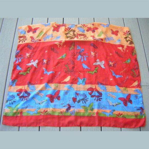 Vintage 100% silk caftan cover upbirds butterflies sheer - Picture 1 of 5